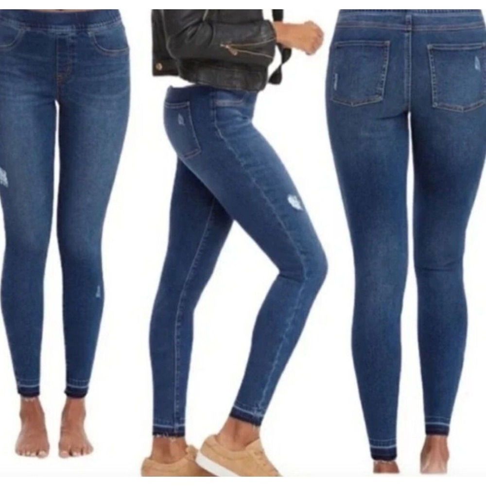 SPANX Distressed Ankle Skinny Pull On Jeans Medium Wash Raw Hem Denim Stretch M